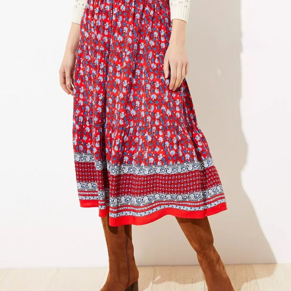 Loft Border Floral Tiered Midi Skirt